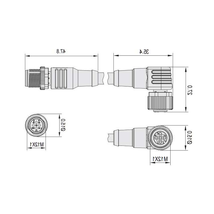 M12 4Pin、母头90°转公头直型、双端预铸PVC非柔性电缆、灰色护套、64D223-XXX